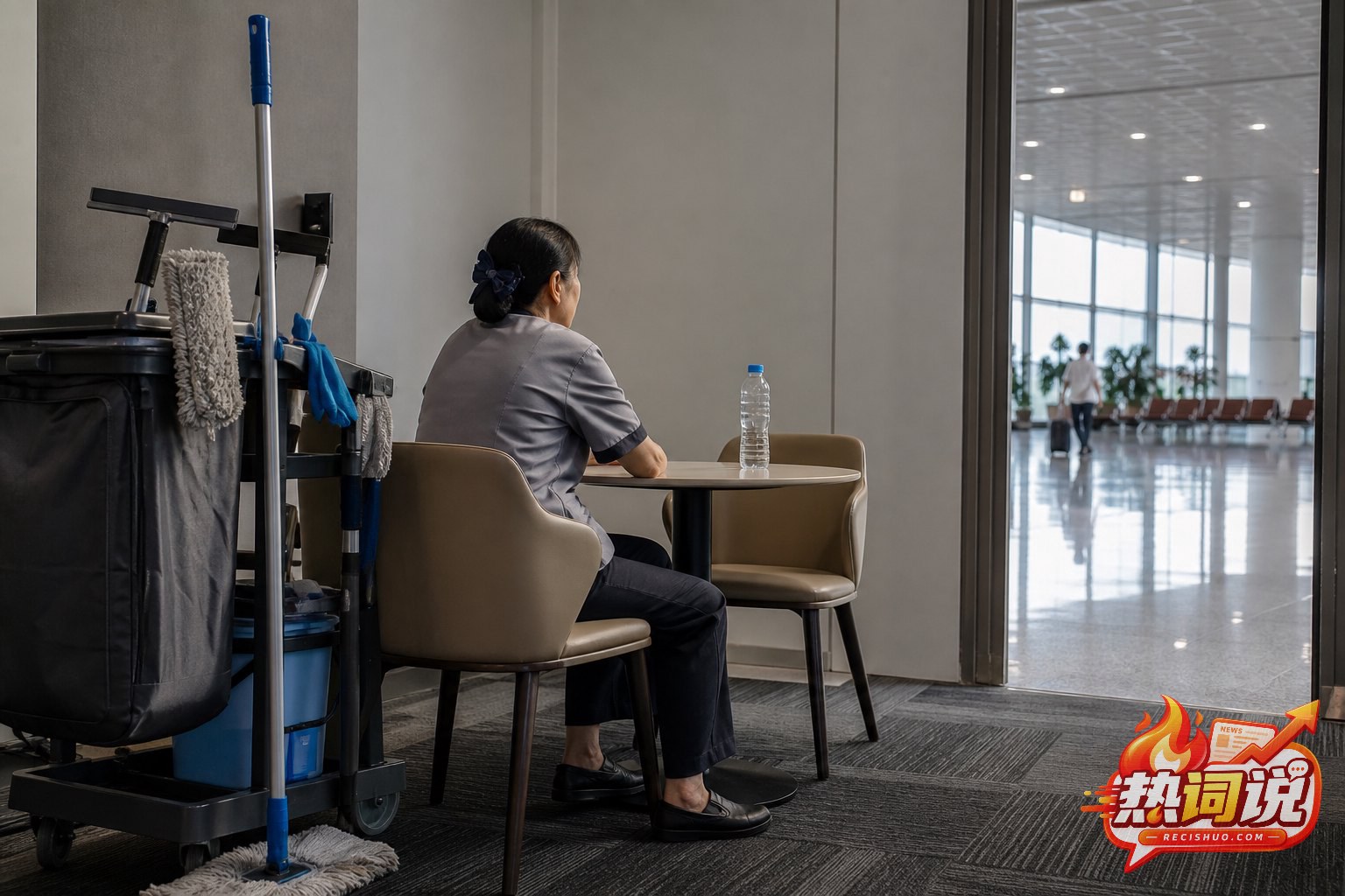 现代机场员工休息区内,一名保洁人员坐在椅子上休息,清洁工具整齐停放在一旁