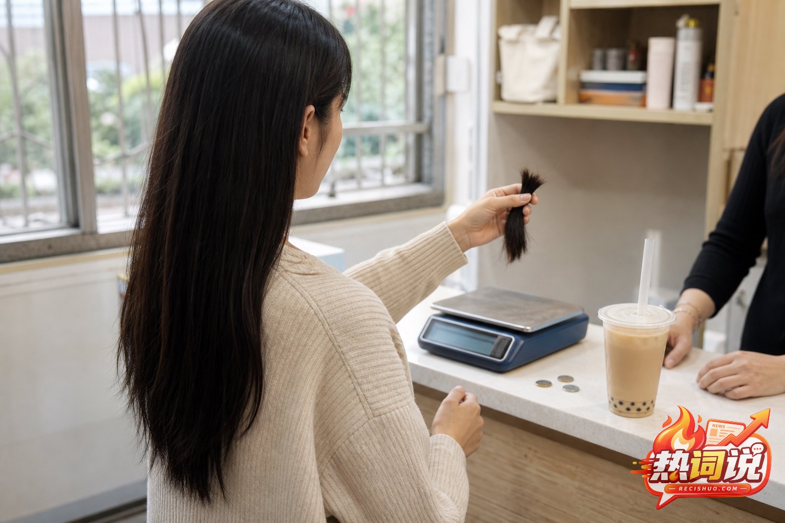年轻女子在生活化的店铺柜台前拿着剪下的一束头发,桌面放有电子秤、硬币和一杯奶茶