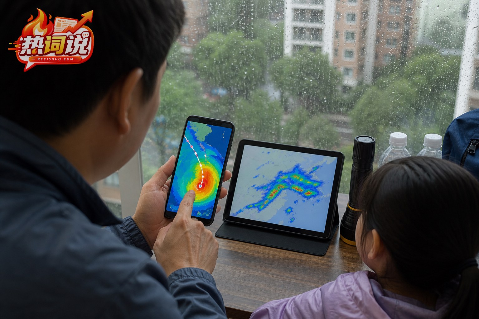 居民在雨天通过手机和电脑查看台风路径与降雨信息