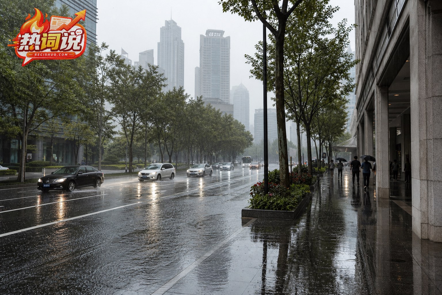 暴雨中的上海城市道路,车辆缓慢通行,行人在建筑连廊下避雨