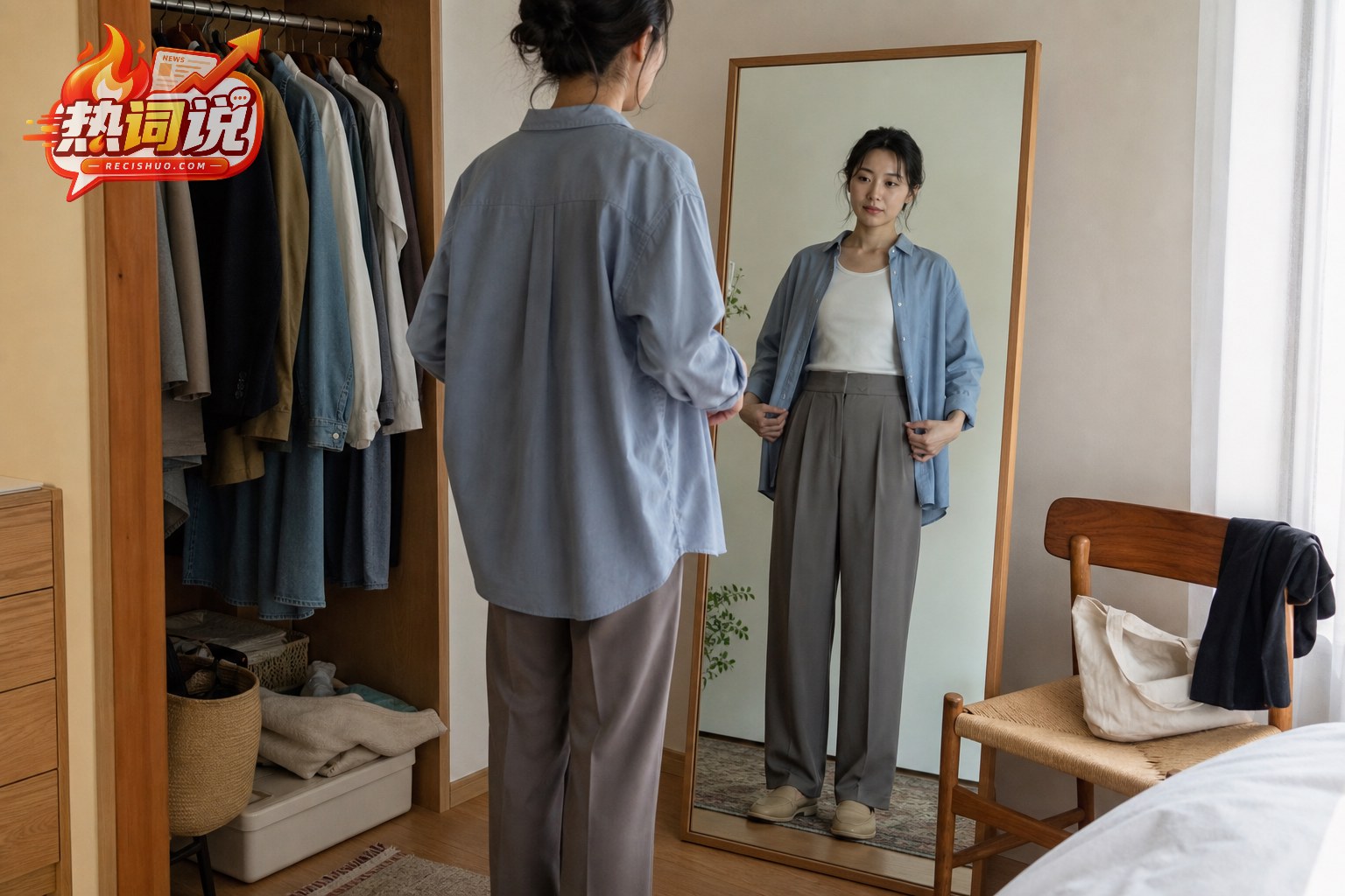 年轻女性在全身镜前检查蓝色衬衫与高腰长裤的穿着比例