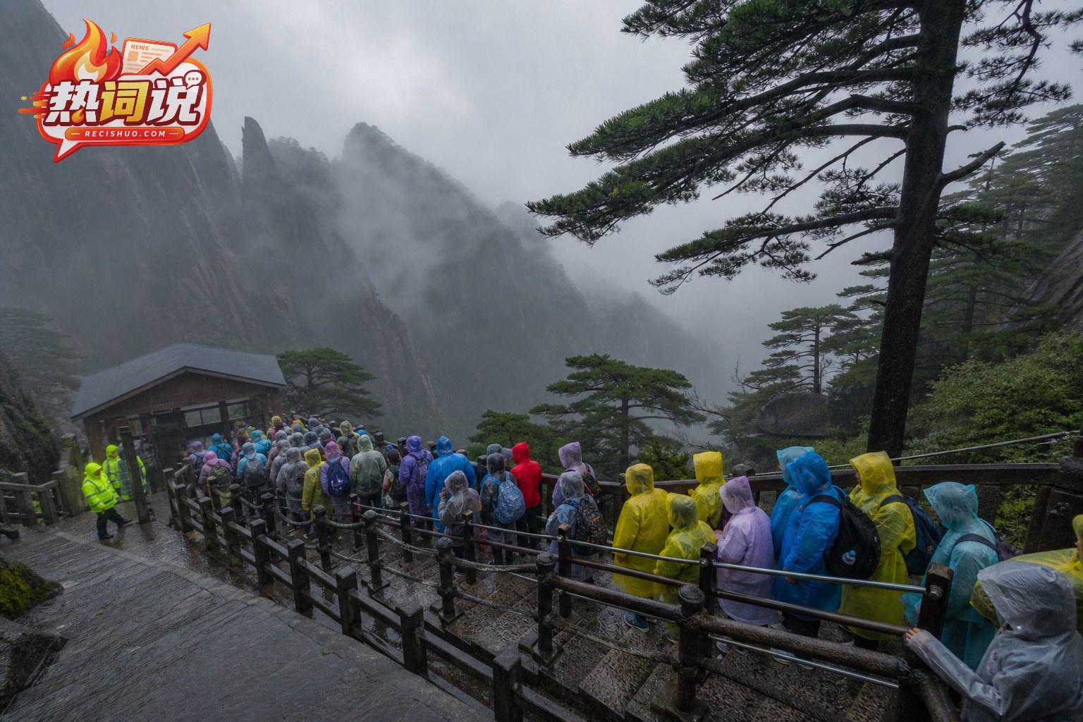 风雨和浓雾中的黄山步道上,穿雨衣的游客在护栏内有序排队等待