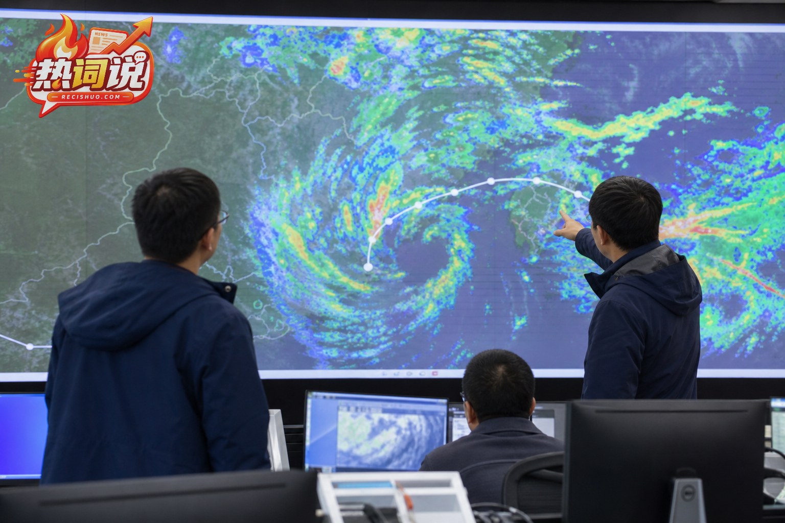 气象工作人员在监测中心研判台风弧形路径与雷达回波
