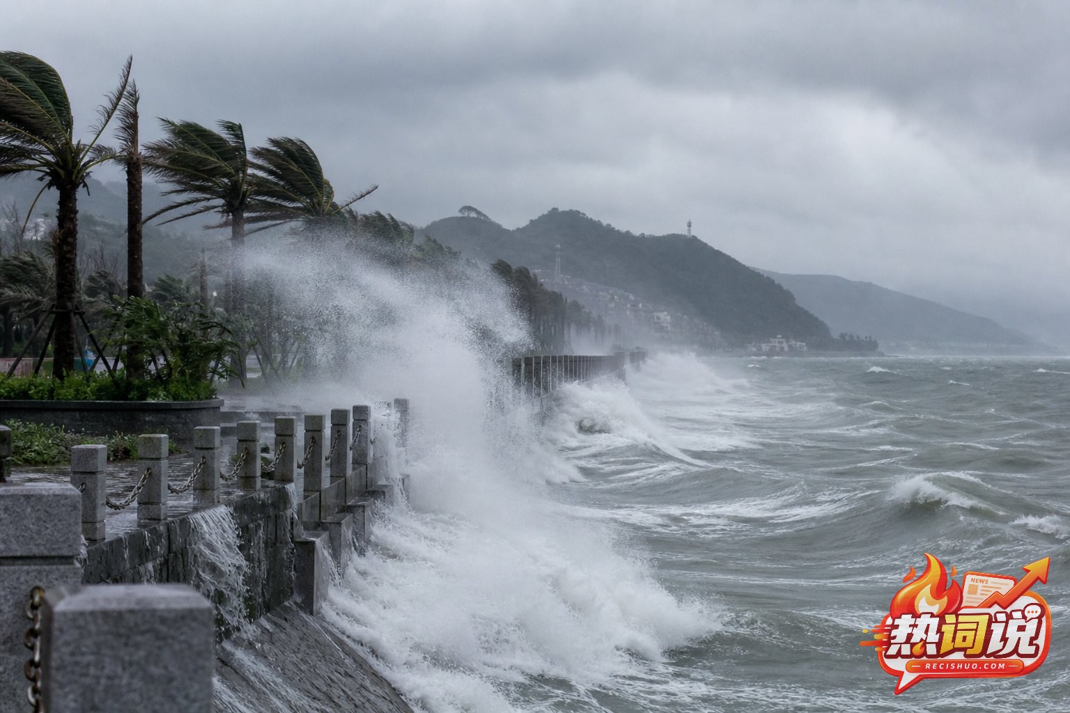 台风天气下浙江沿海风急浪高,海浪拍击海堤