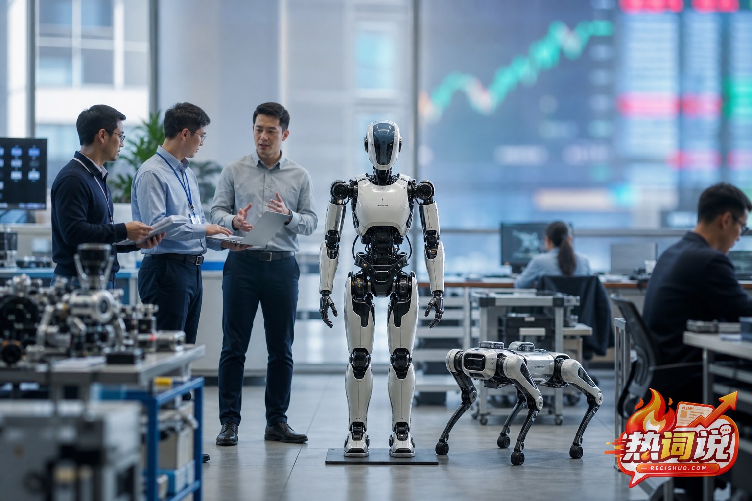 机器人实验室内工程师观察人形机器人与四足机器人的资讯场景