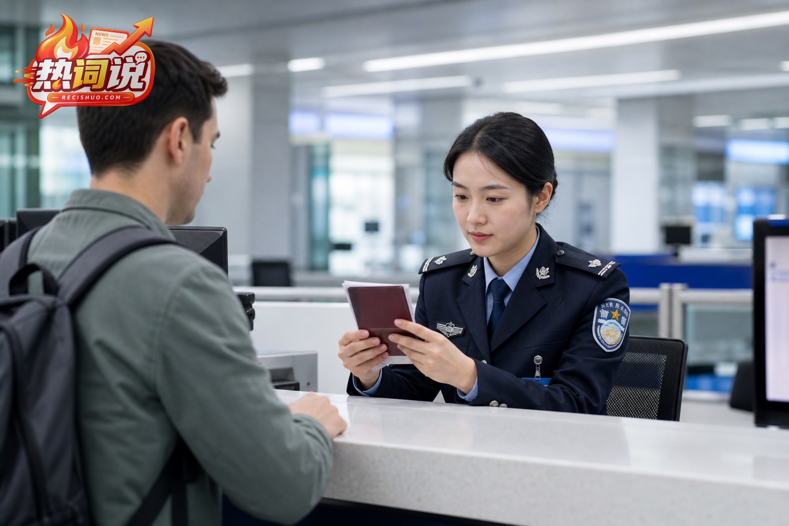 移民管理工作人员在服务柜台核验外国公民证件材料