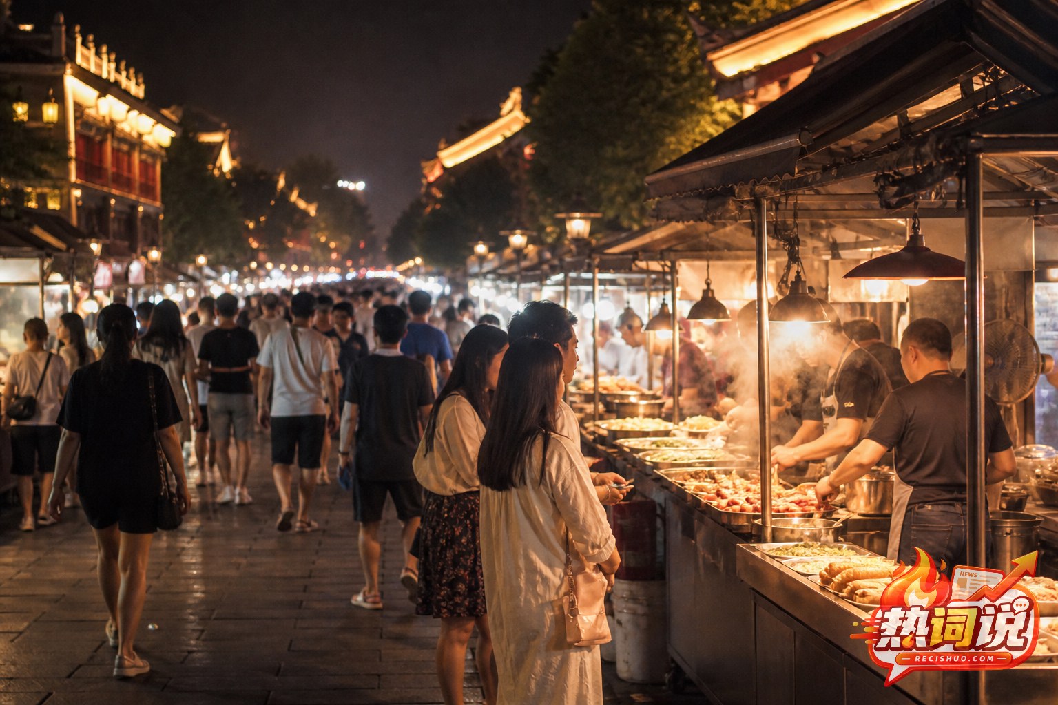 夏夜开封传统街区夜市里摊灯明亮、游人穿行的热闹景象