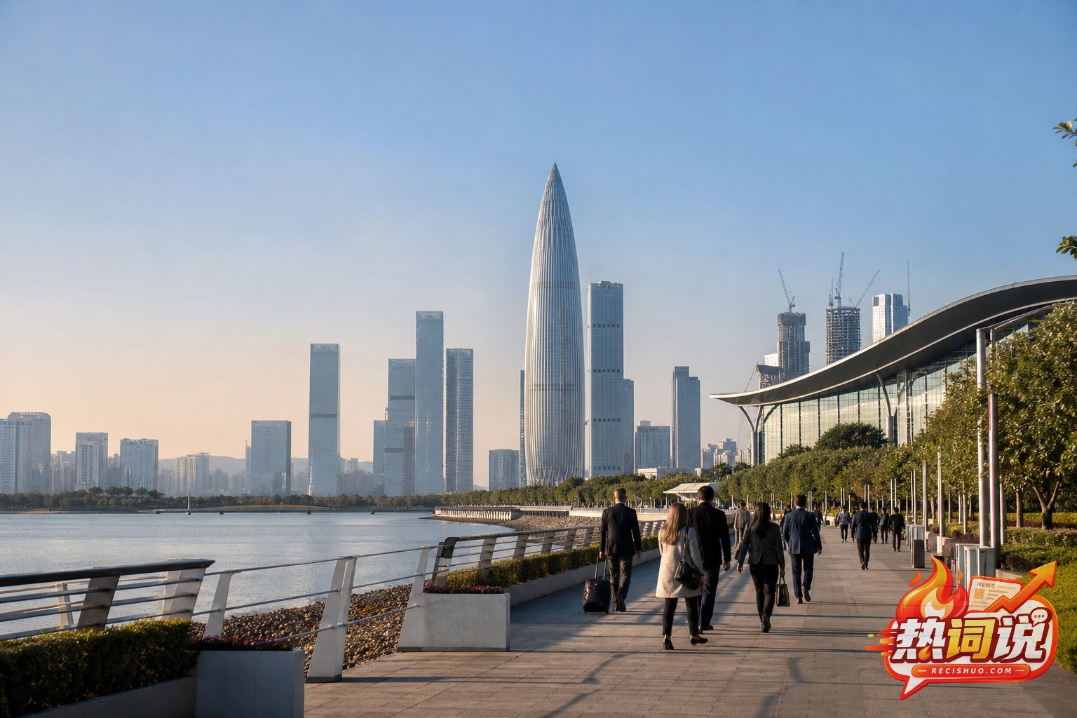 晨光中的深圳湾现代城市天际线与往来国际商务旅客