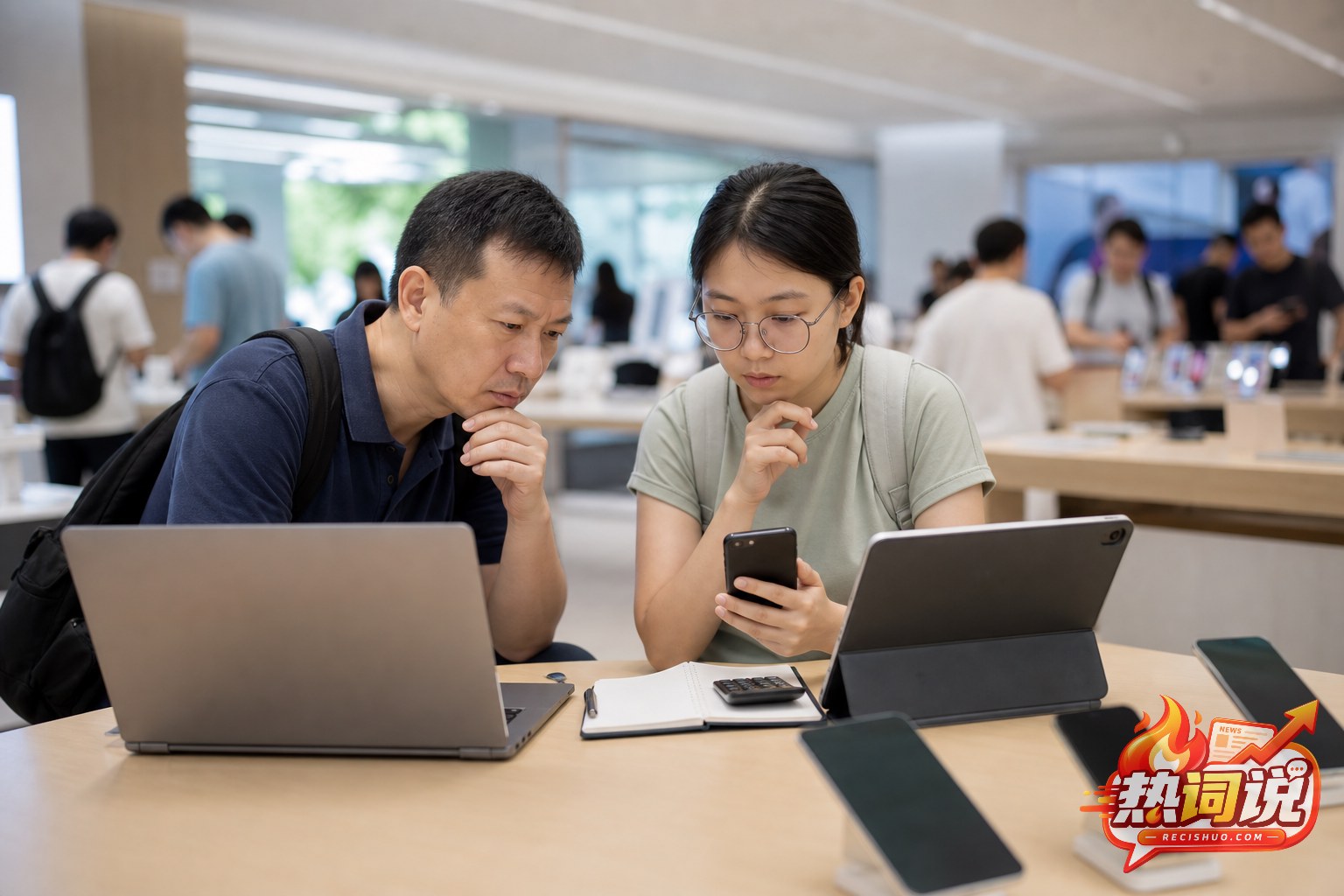 大学新生与家长在数码卖场比较笔记本电脑、手机和平板并核算预算