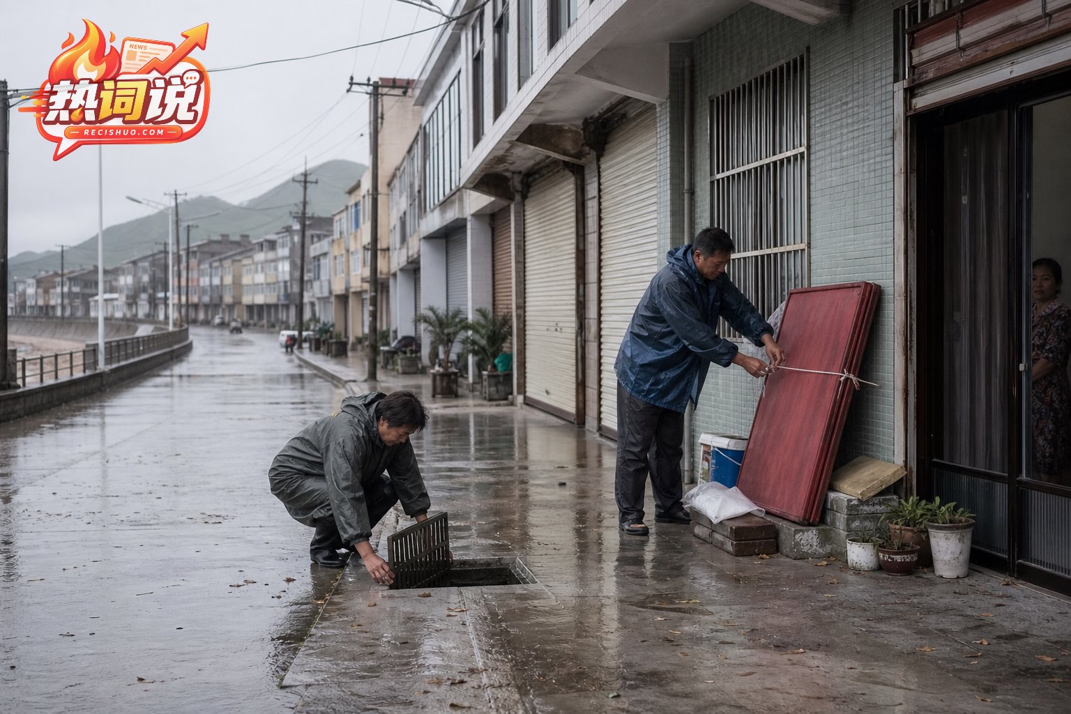 玉环沿海社区工作人员在风雨来临前检查排水口并固定户外物品