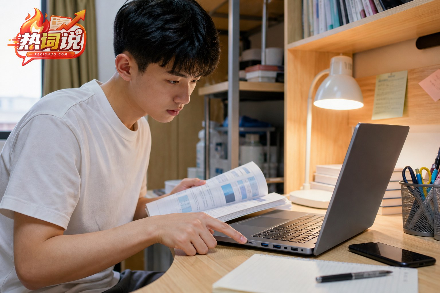 大学新生在宿舍根据课程资料检查笔记本电脑接口与配置