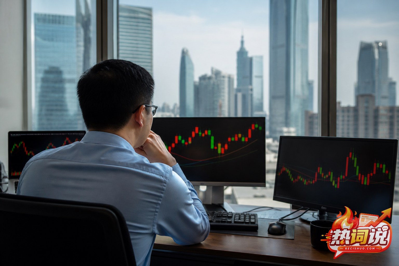投资者在金融办公环境中观察多屏股票行情图表
