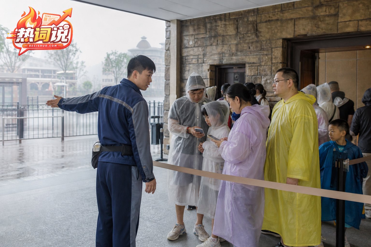 主题乐园工作人员在室内避雨区引导游客查看运营通知并有序等候