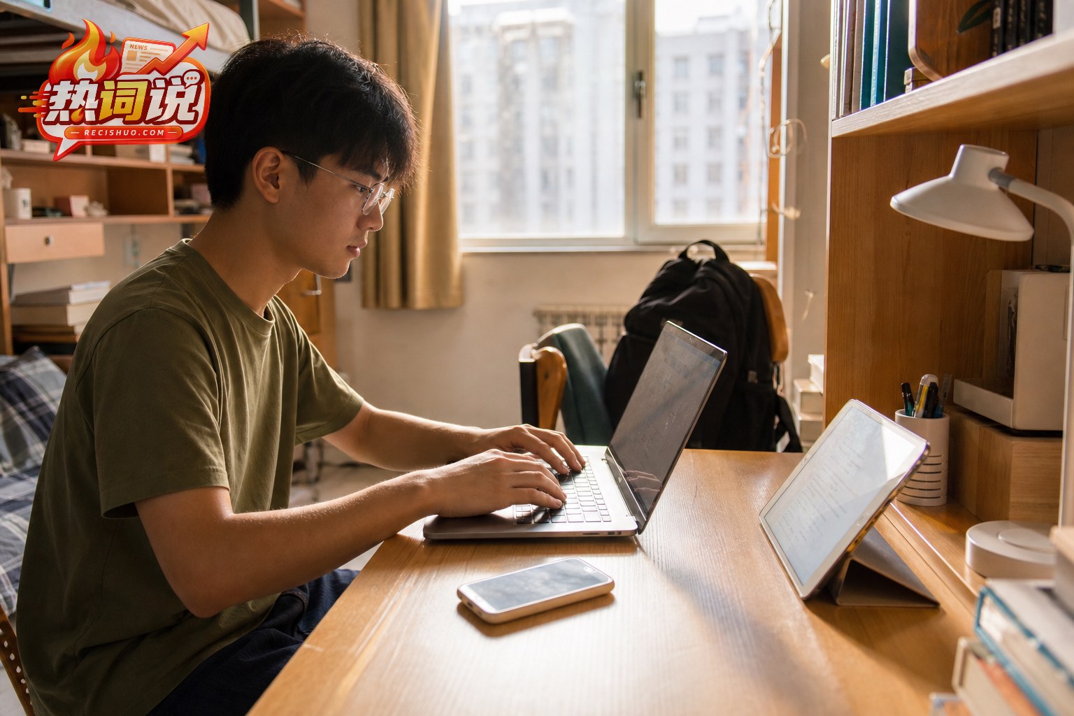 大学生在宿舍使用笔记本电脑并根据学习需要搭配手机和平板