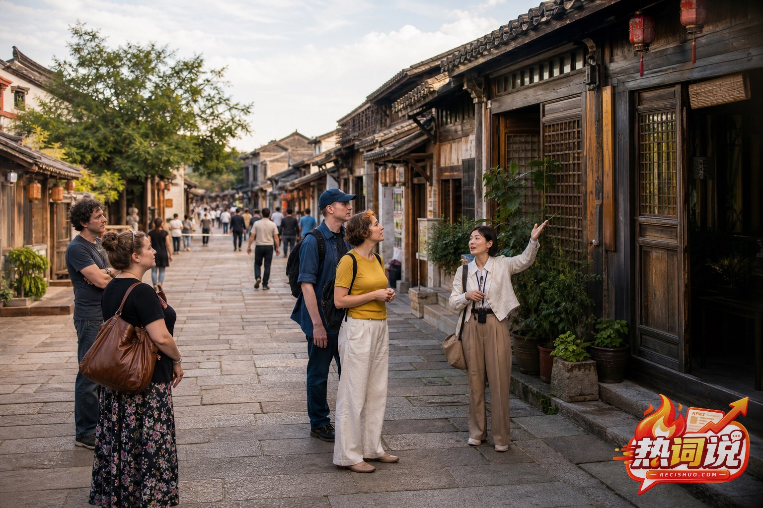国际游客跟随当地向导参观中国传统历史街区