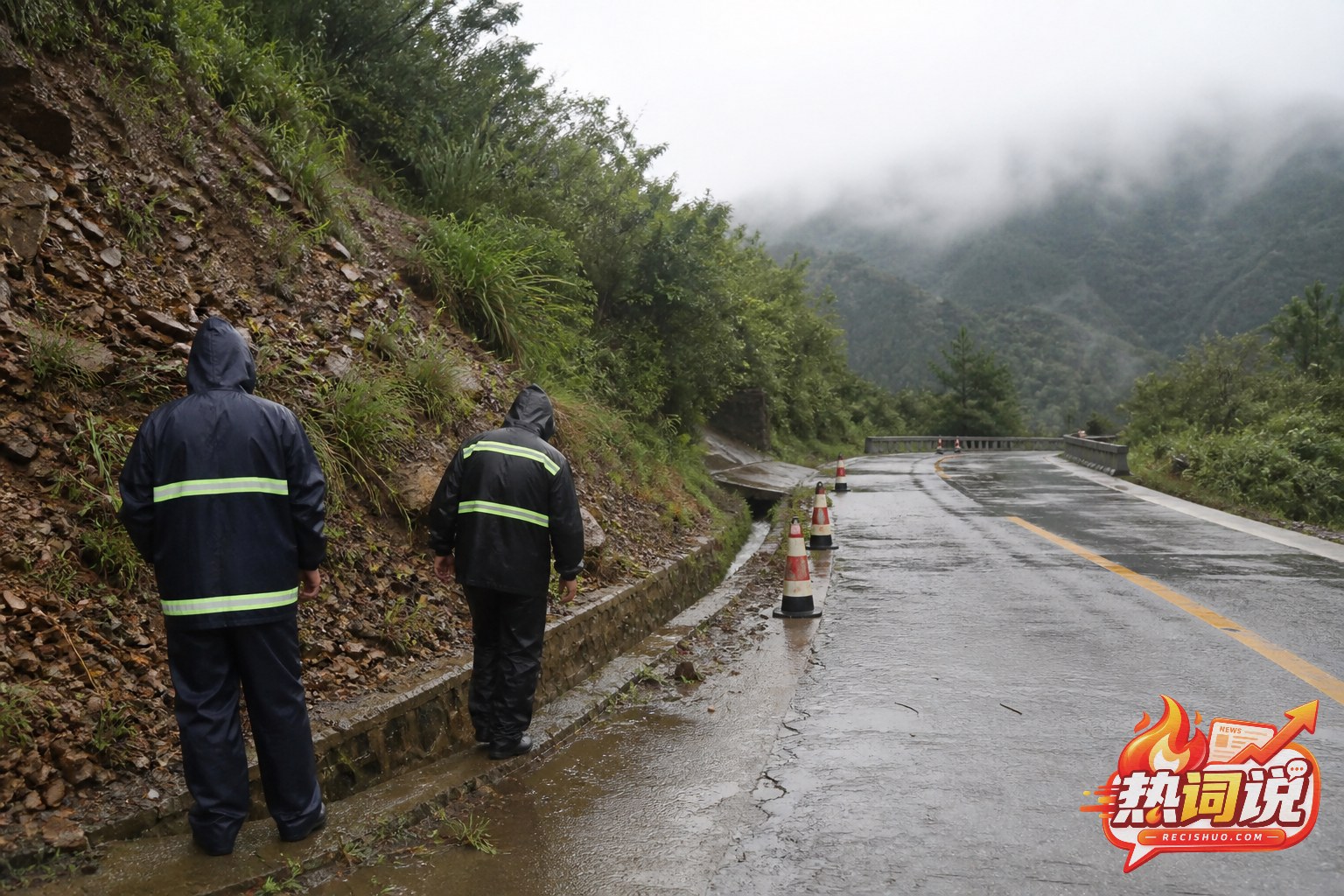 防汛巡查人员在雨中查看山区道路边坡与排水情况