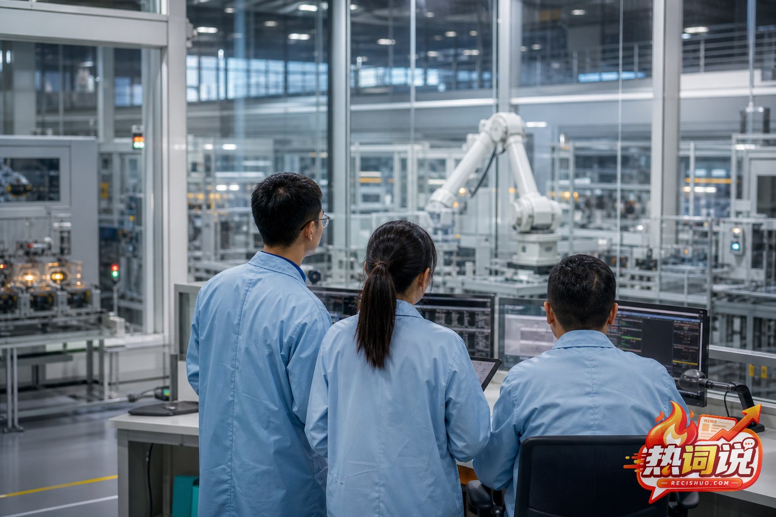工程师在现代智能工厂内观察自动化生产线运行