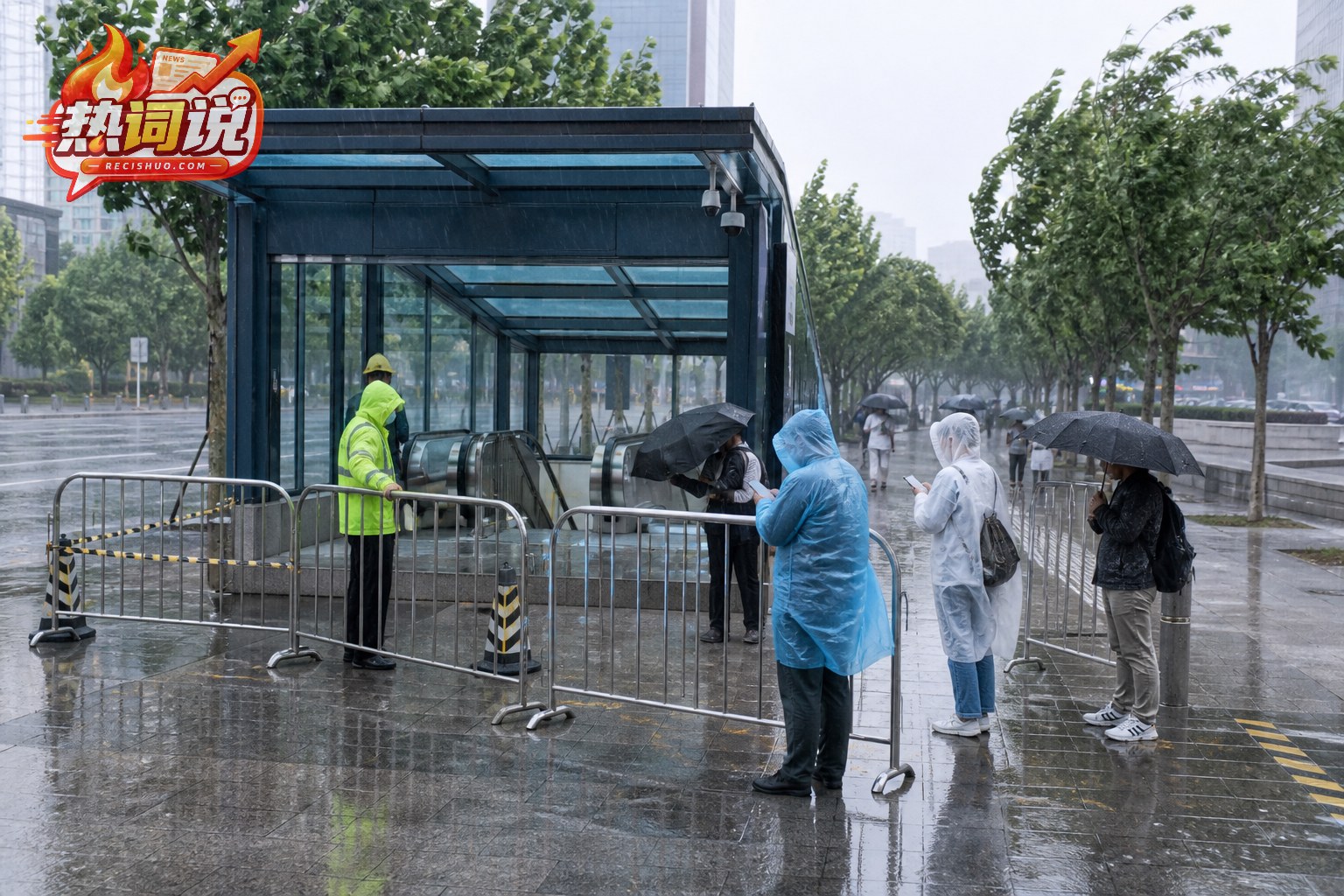 台风降雨中的上海地铁站入口实施临时管控,通勤者有序查看出行信息