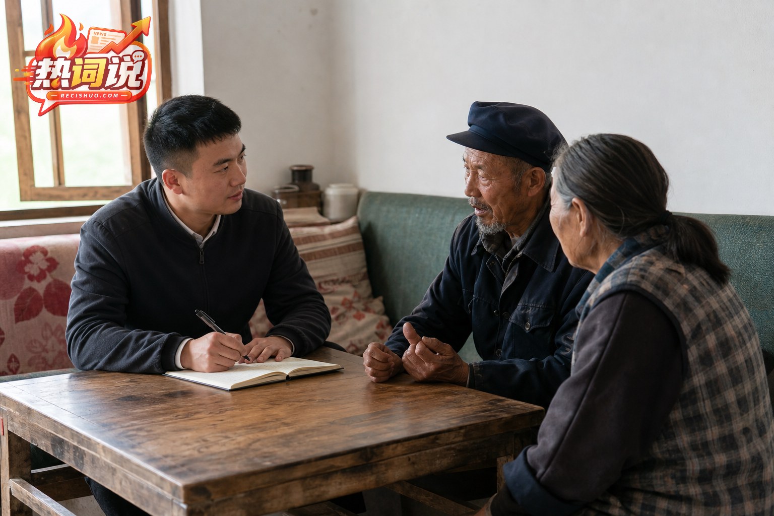 基层干部在农家堂屋倾听两位老年村民讲述生活情况并认真记录