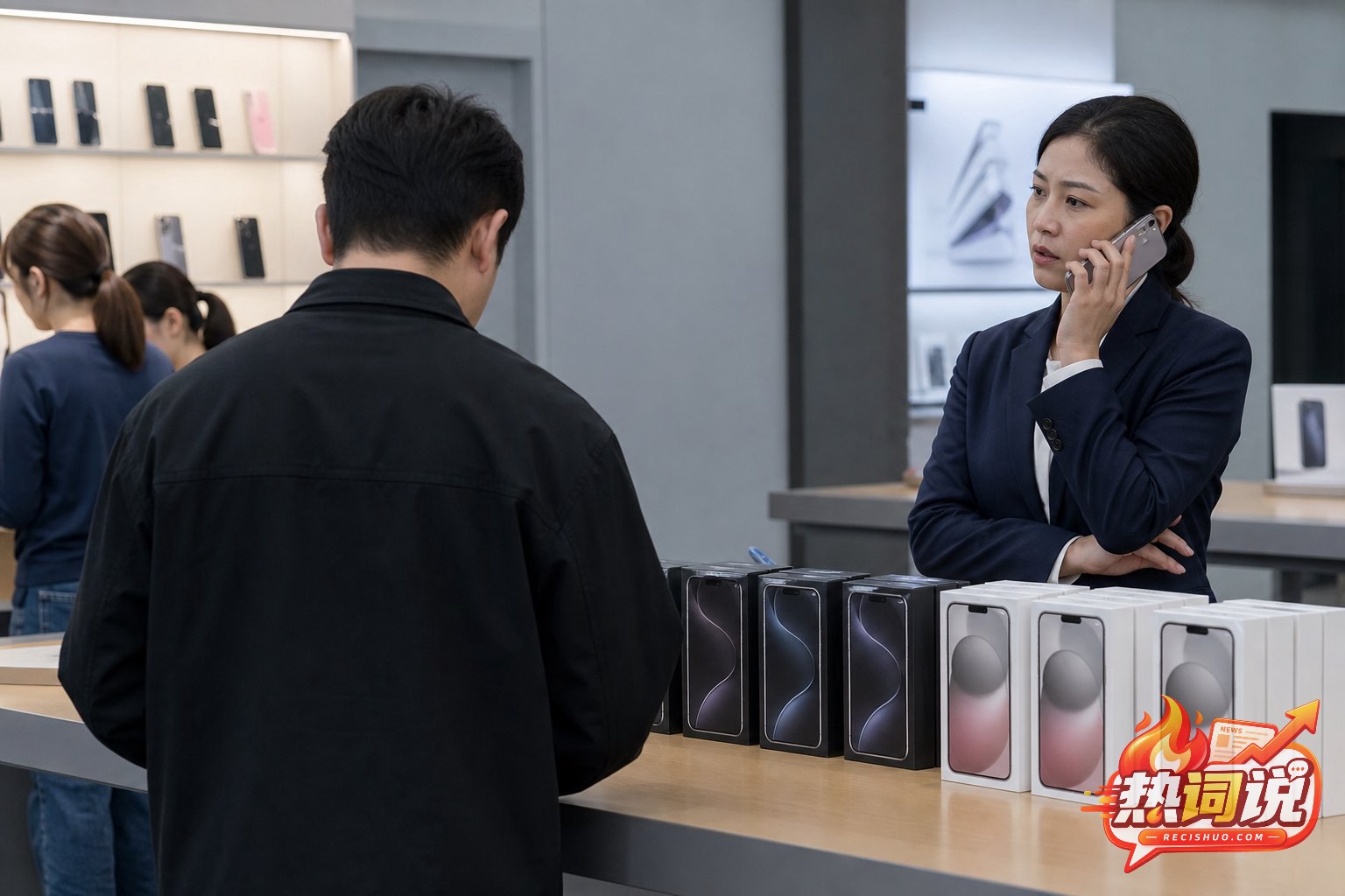 手机店内摆放着多部待购手机,店长警觉地打电话核实异常交易