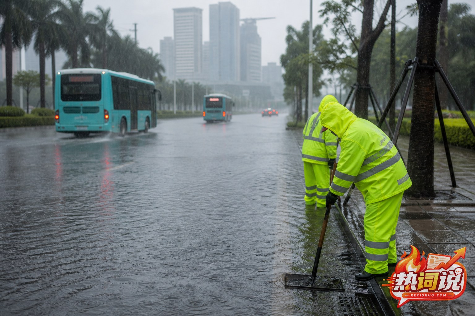 持续降雨中排水人员在沿海城市道路旁检查雨水口