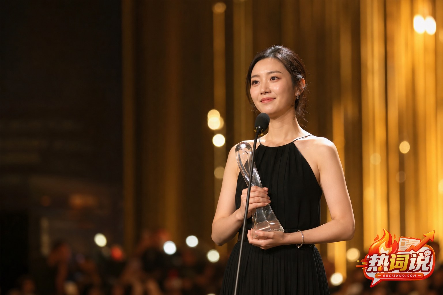 暖金色颁奖礼舞台上,一位亚洲女演员手持透明奖杯站在话筒前