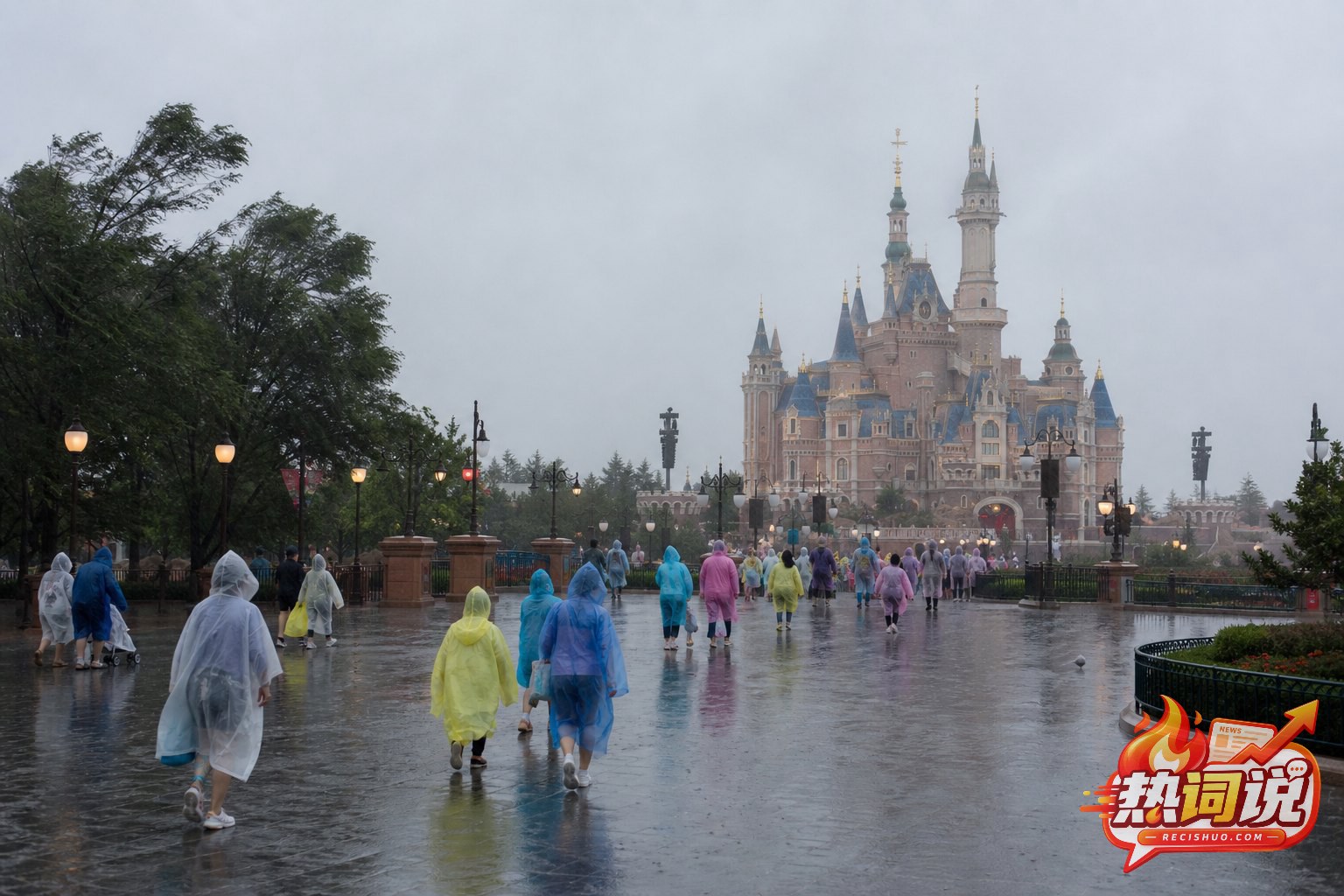 强降雨中的童话主题乐园城堡与穿雨衣有序通行的游客