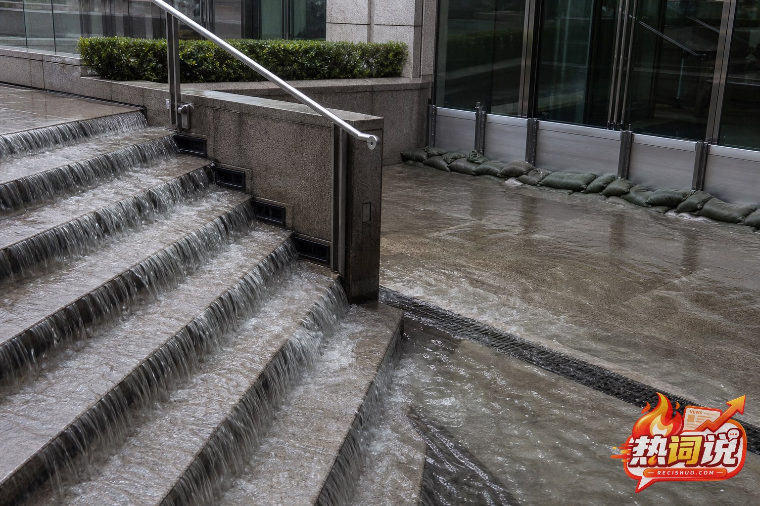 雨水沿下沉广场台阶流向入口并由挡水板和沙袋阻挡的细节示意图