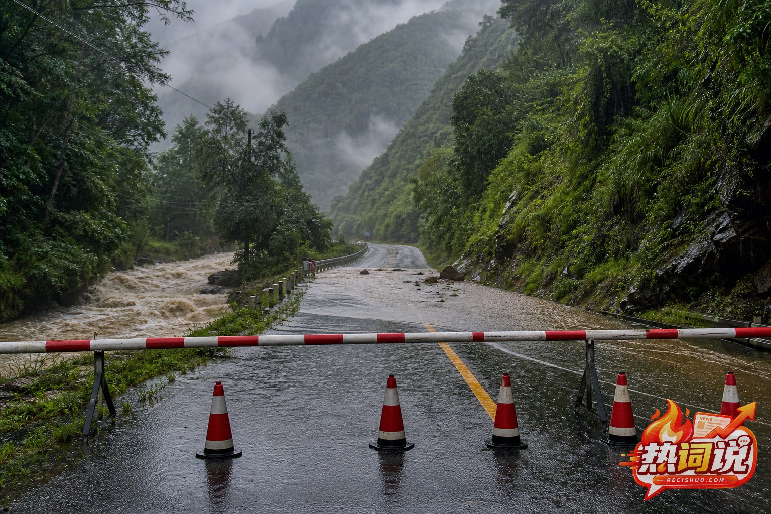 暴雨中山区道路因水流漫过路面而临时封闭
