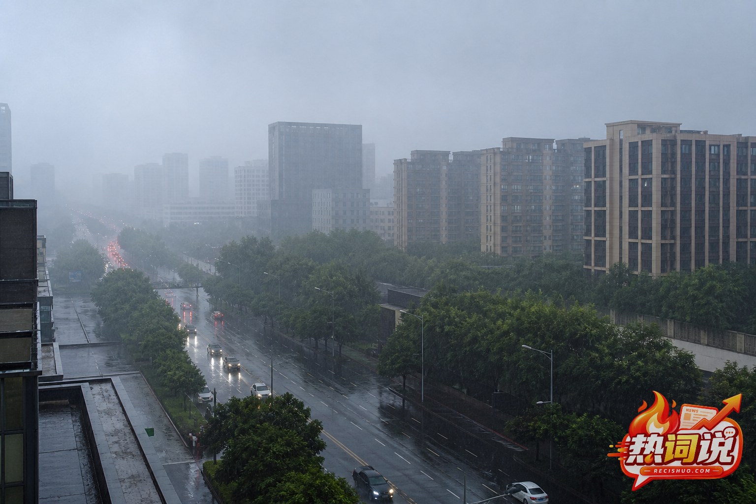强降雨笼罩江南城市,道路湿滑且能见度明显下降