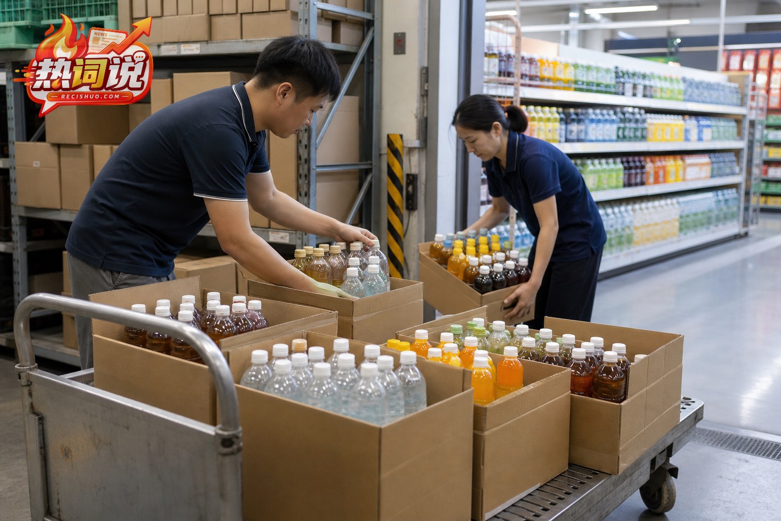零售工作人员在超市后场整理不同品类的瓶装饮料并准备补货