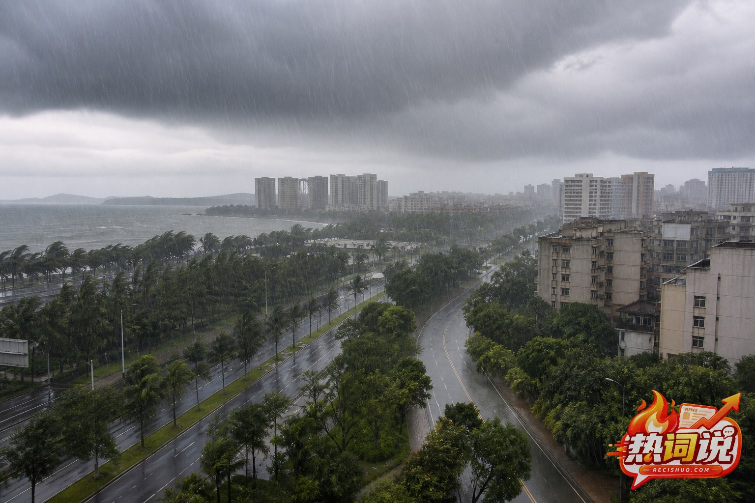 台风减弱后沿海城市仍遭遇强降雨和低压云层