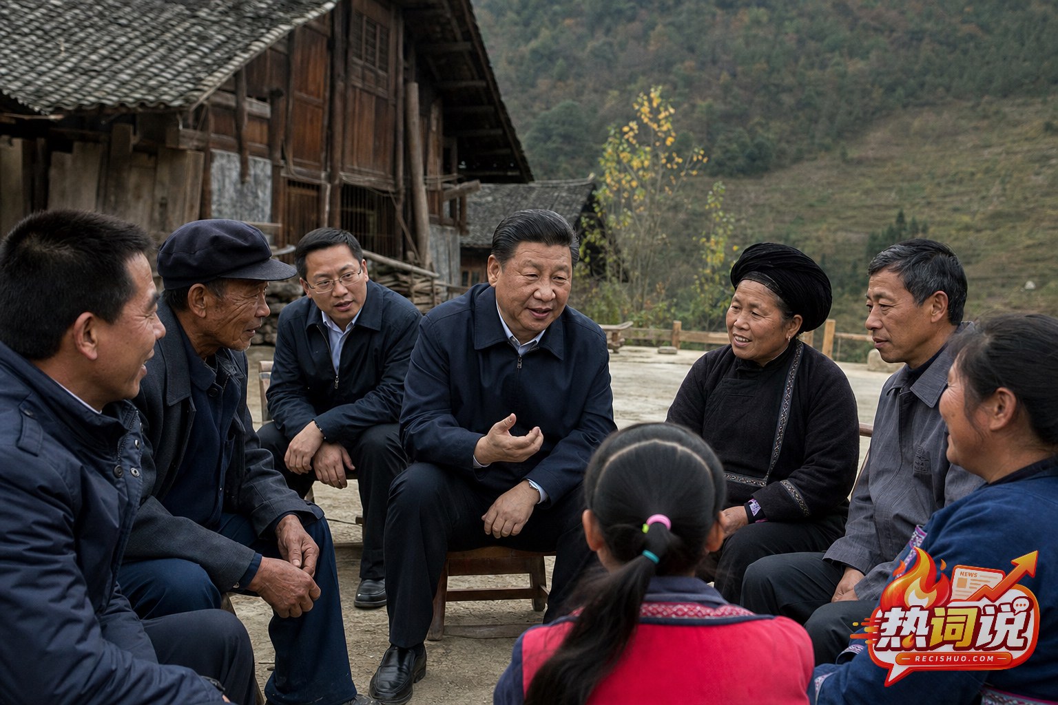 2013年深秋湘西十八洞村院坝中,习近平总书记与当地乡亲围坐交流的纪实场景