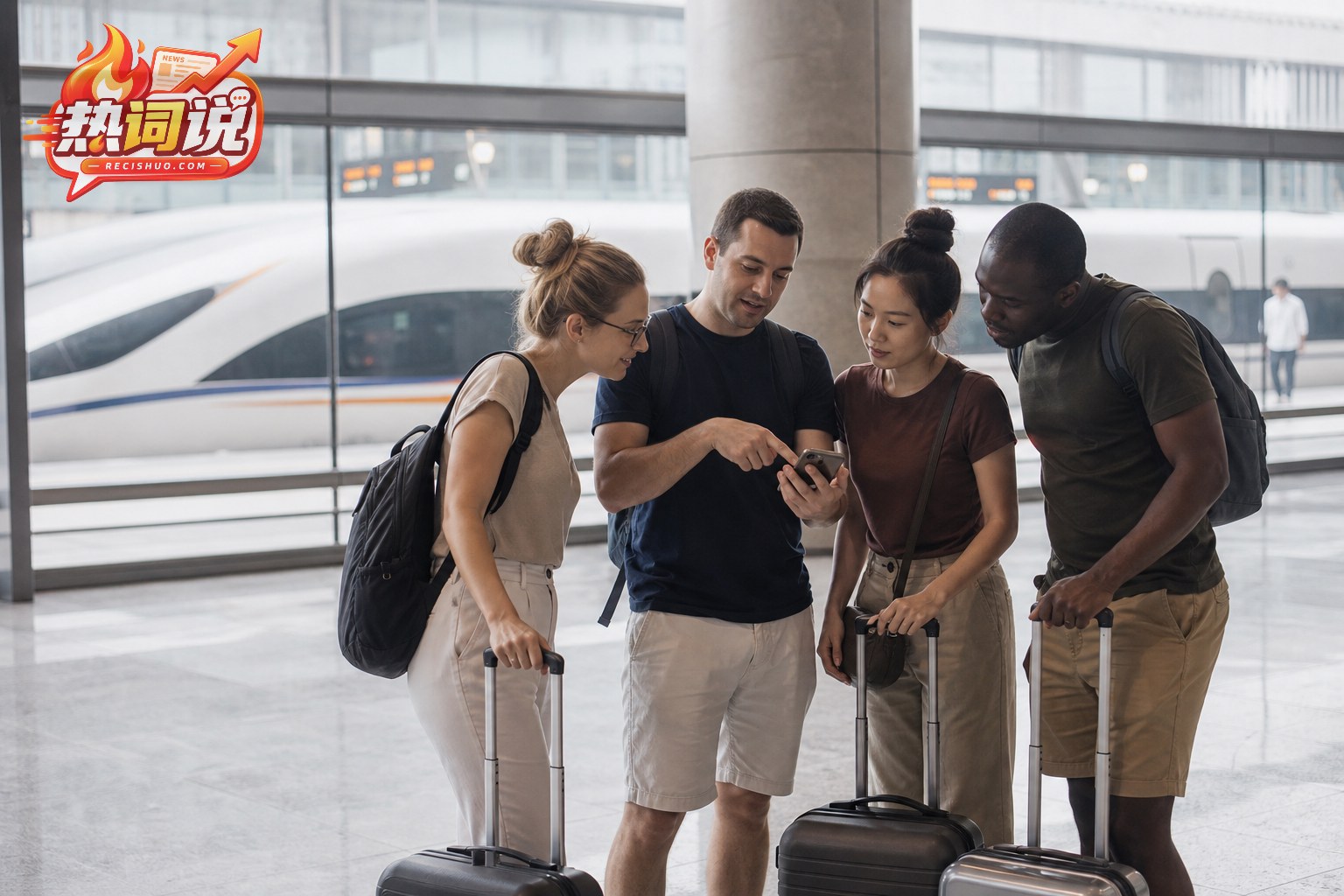国际旅客在中国高铁站内查看手机路线并准备换乘