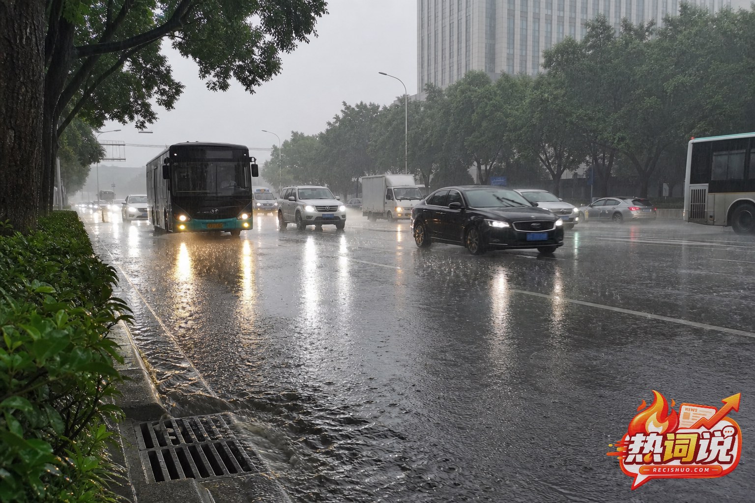 暴雨中的城市道路出现积水,车辆开启车灯谨慎通行