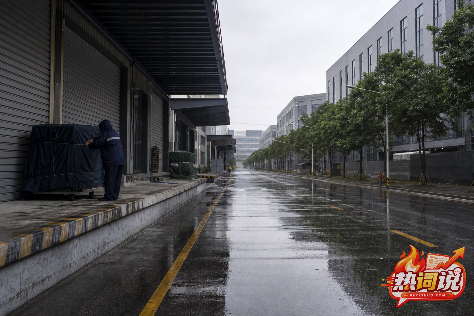 上海产业园区在强风雨到来前停工作业并固定室外物品