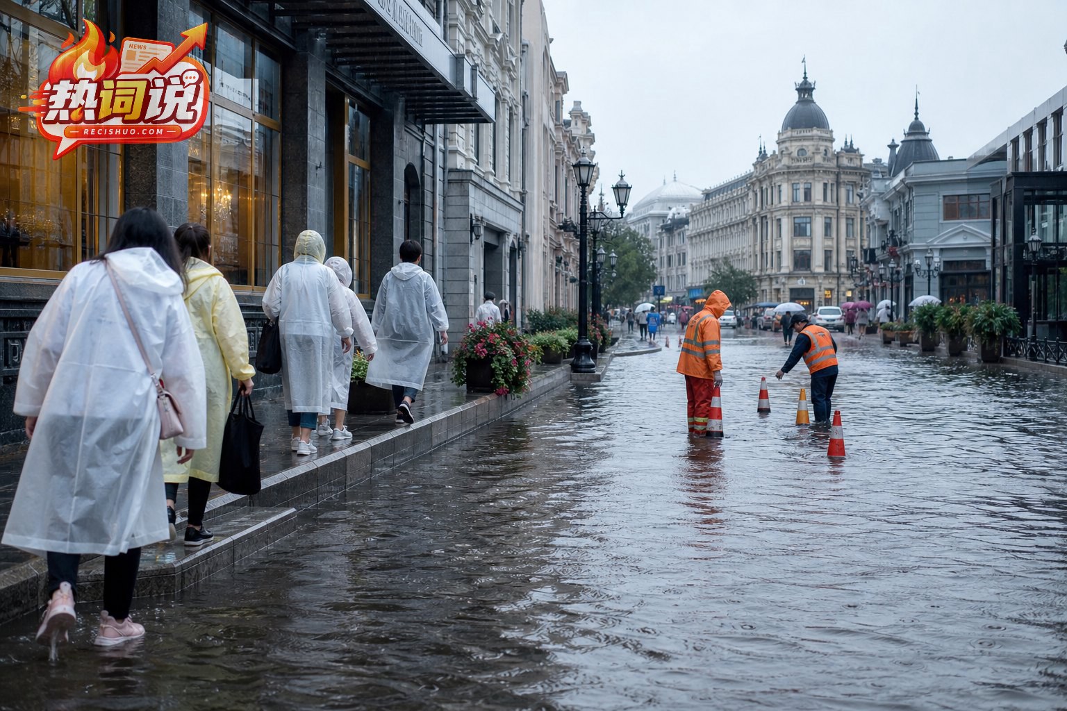 哈尔滨风格历史街区遭遇暴雨积水,行人沿较高路面绕行,排水人员设置安全锥
