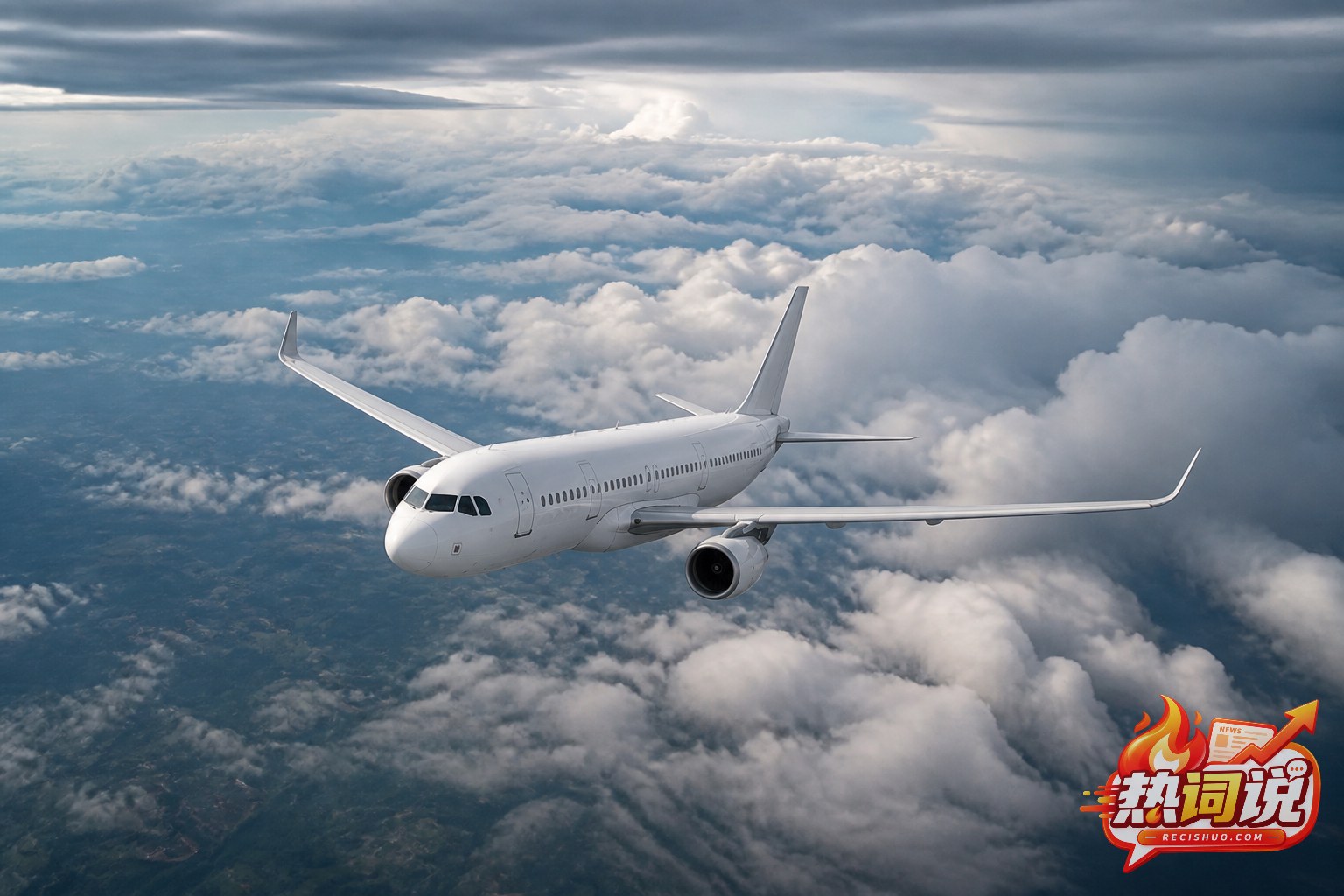 一架无航空公司标识的客机在层叠云层上方巡航