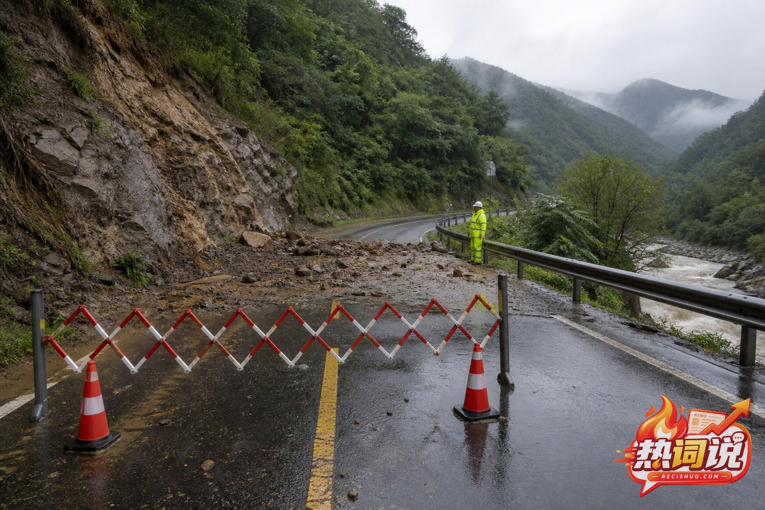 浙南山区雨后道路因边坡落石和溪流上涨实施安全封闭
