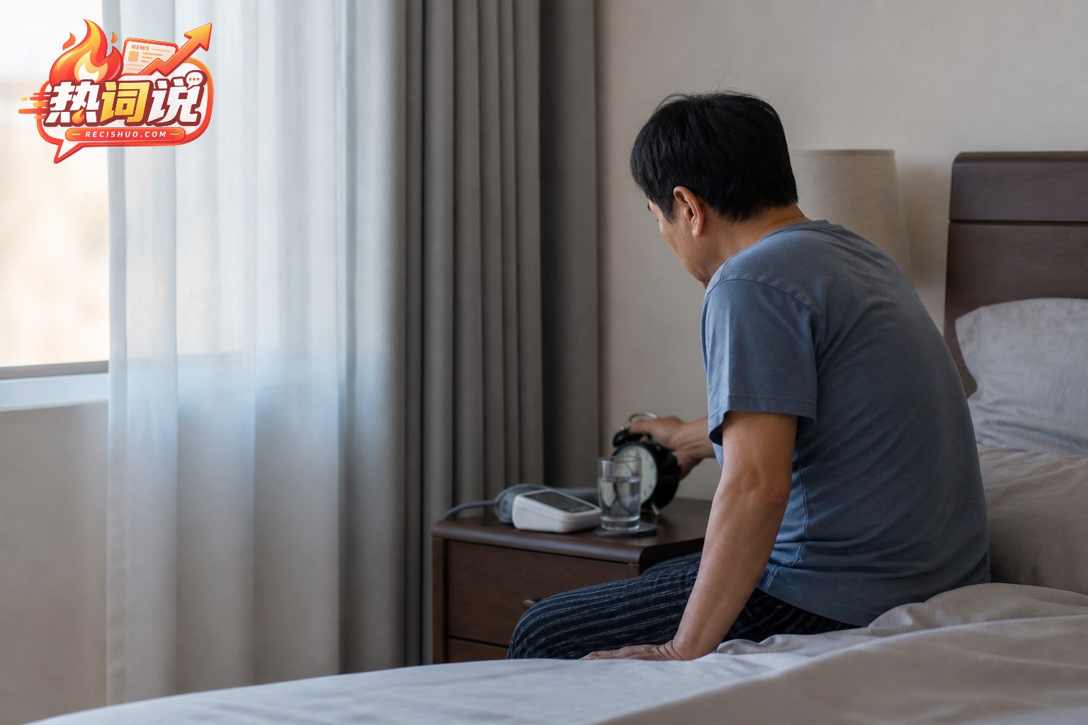 清晨卧室内,一名成年人坐在床边调整闹钟,床头放有水杯和血压计