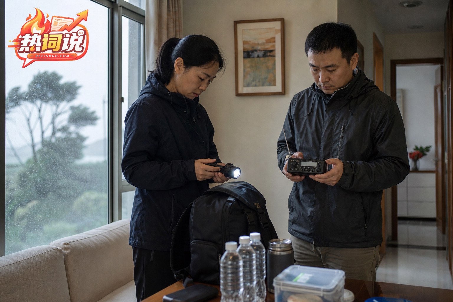 沿海居民在室内检查手电、收音机和饮用水等应急物资