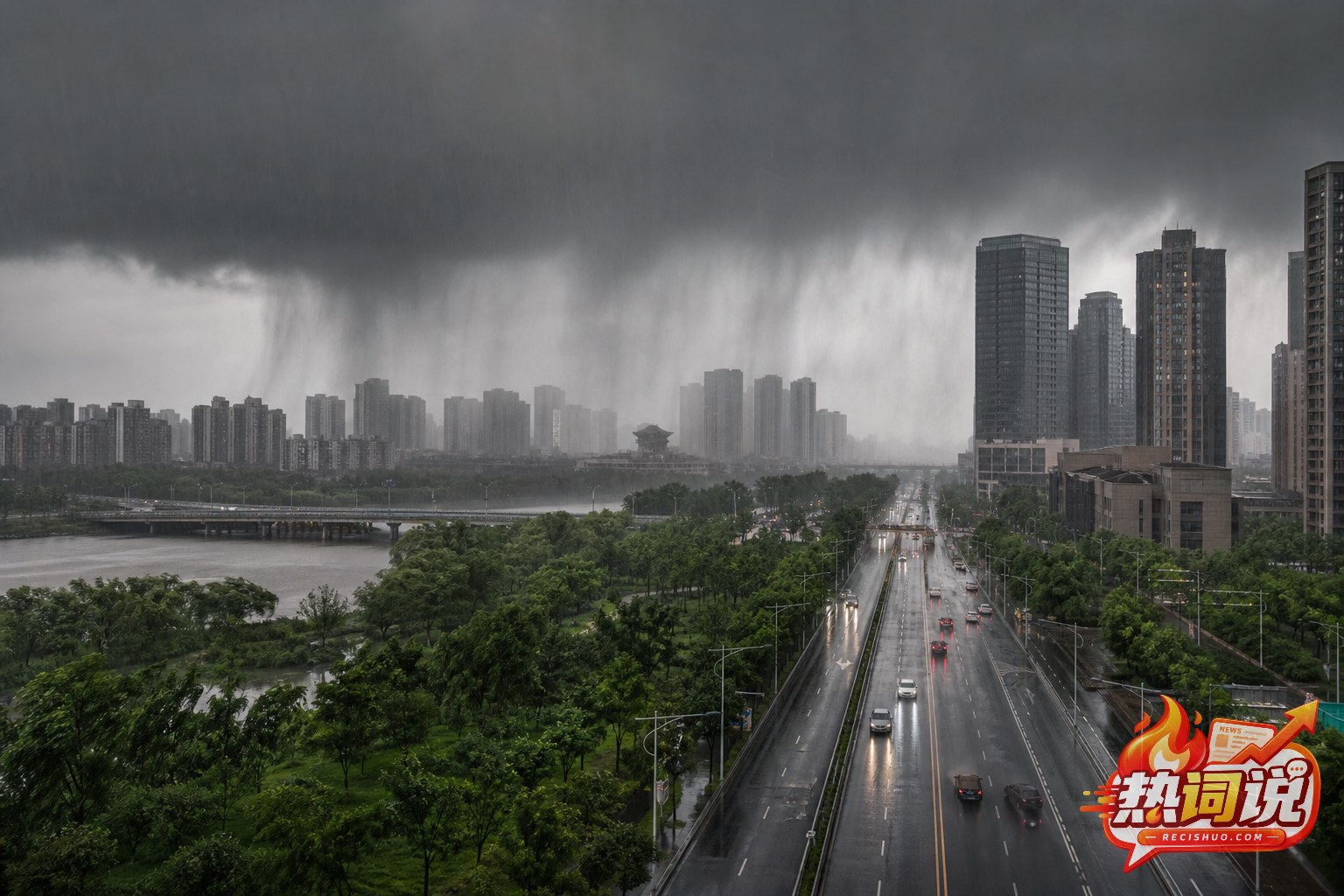 浓密雨云和强降雨笼罩城市道路与建筑群