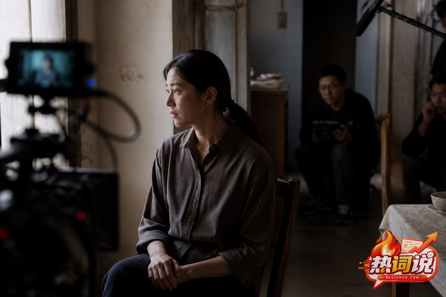 剧情片拍摄现场,一位亚洲女演员在摄影机前以克制神态进入角色