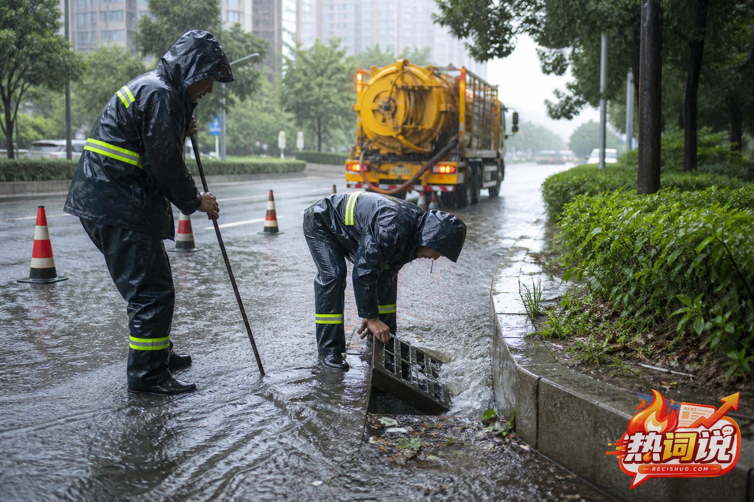 排水工作人员冒雨检查城市道路雨水口
