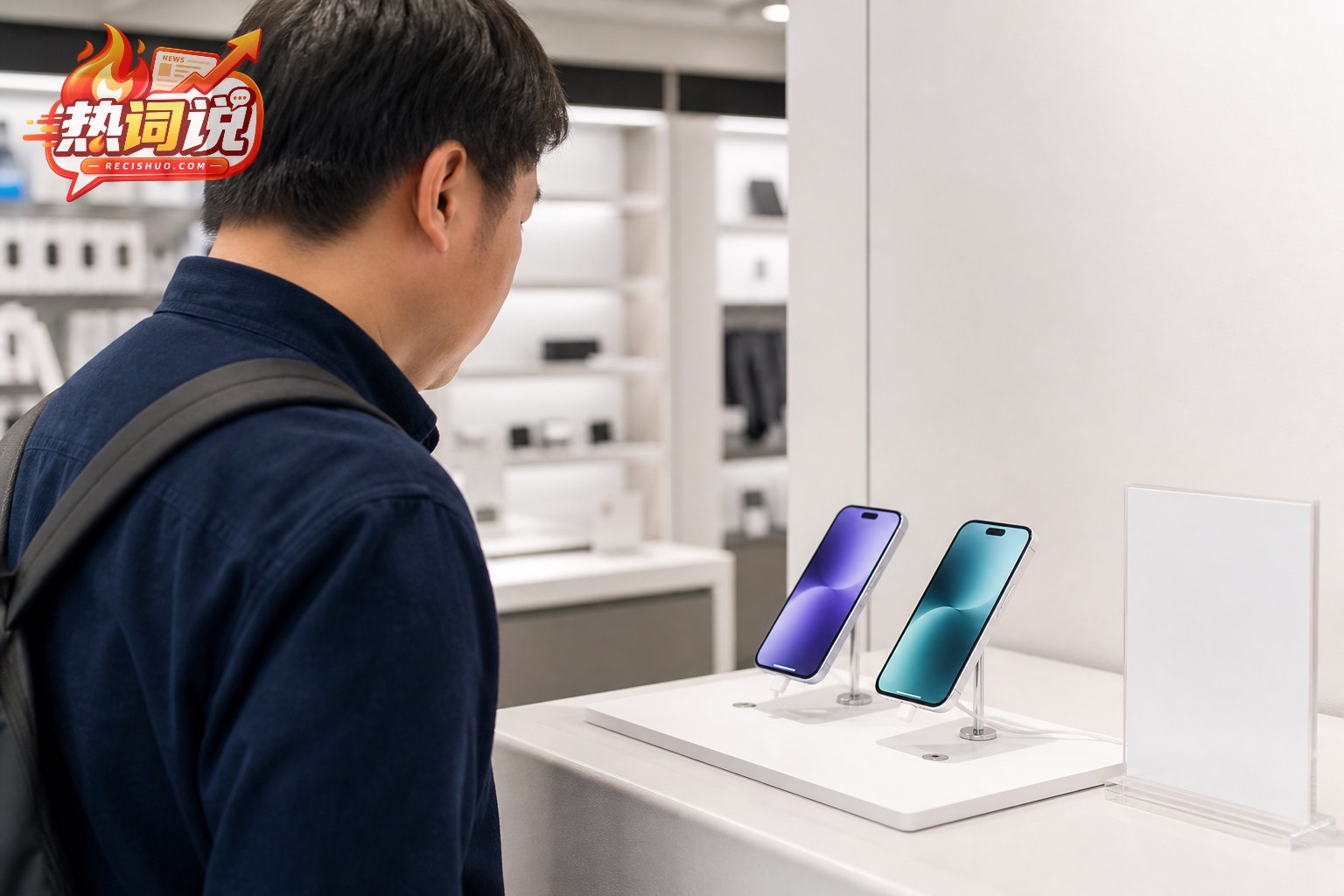 顾客在电子产品零售店对比两台智能手机样机