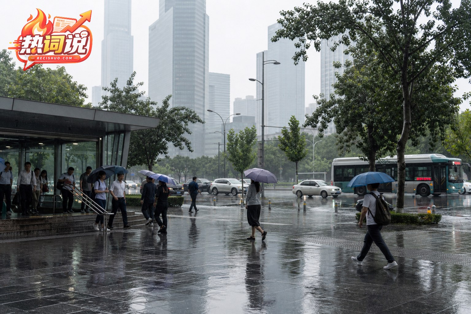 暴雨天气下南京城市道路及公共交通站点附近的通勤场景
