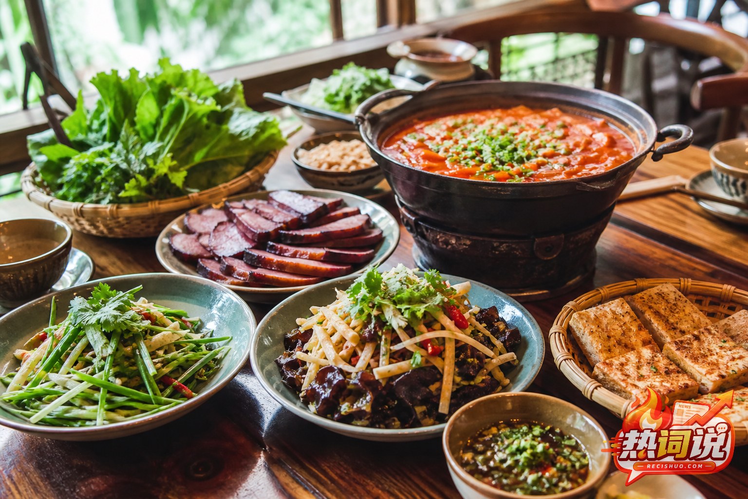 贵州酸汤锅、腊肉、凉拌菜与烤豆腐组成的黔味合席