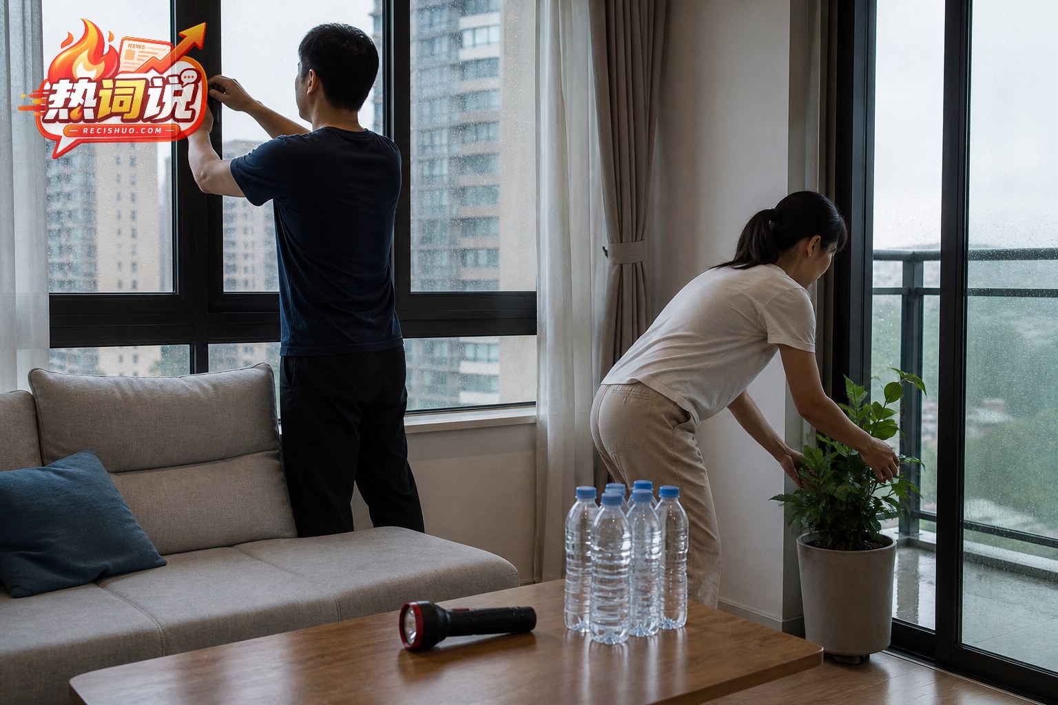 居民在台风风雨到来前检查窗户并转移阳台盆栽