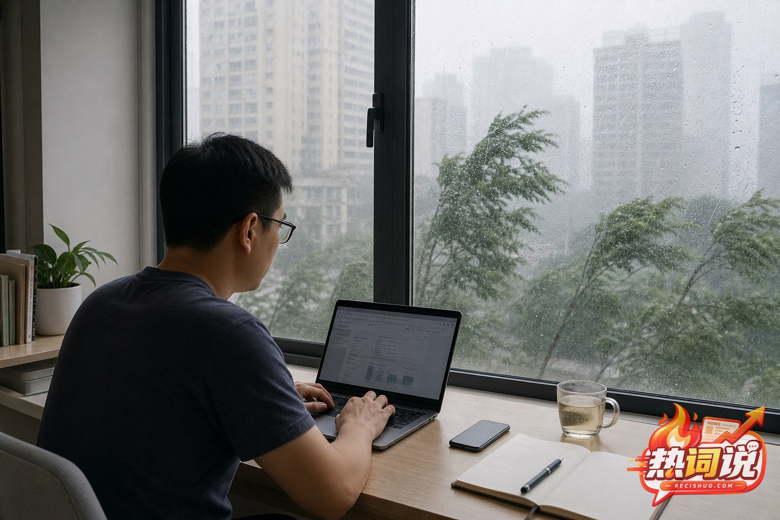上海台风暴雨天气中,一名职员在住宅窗边使用笔记本电脑居家办公