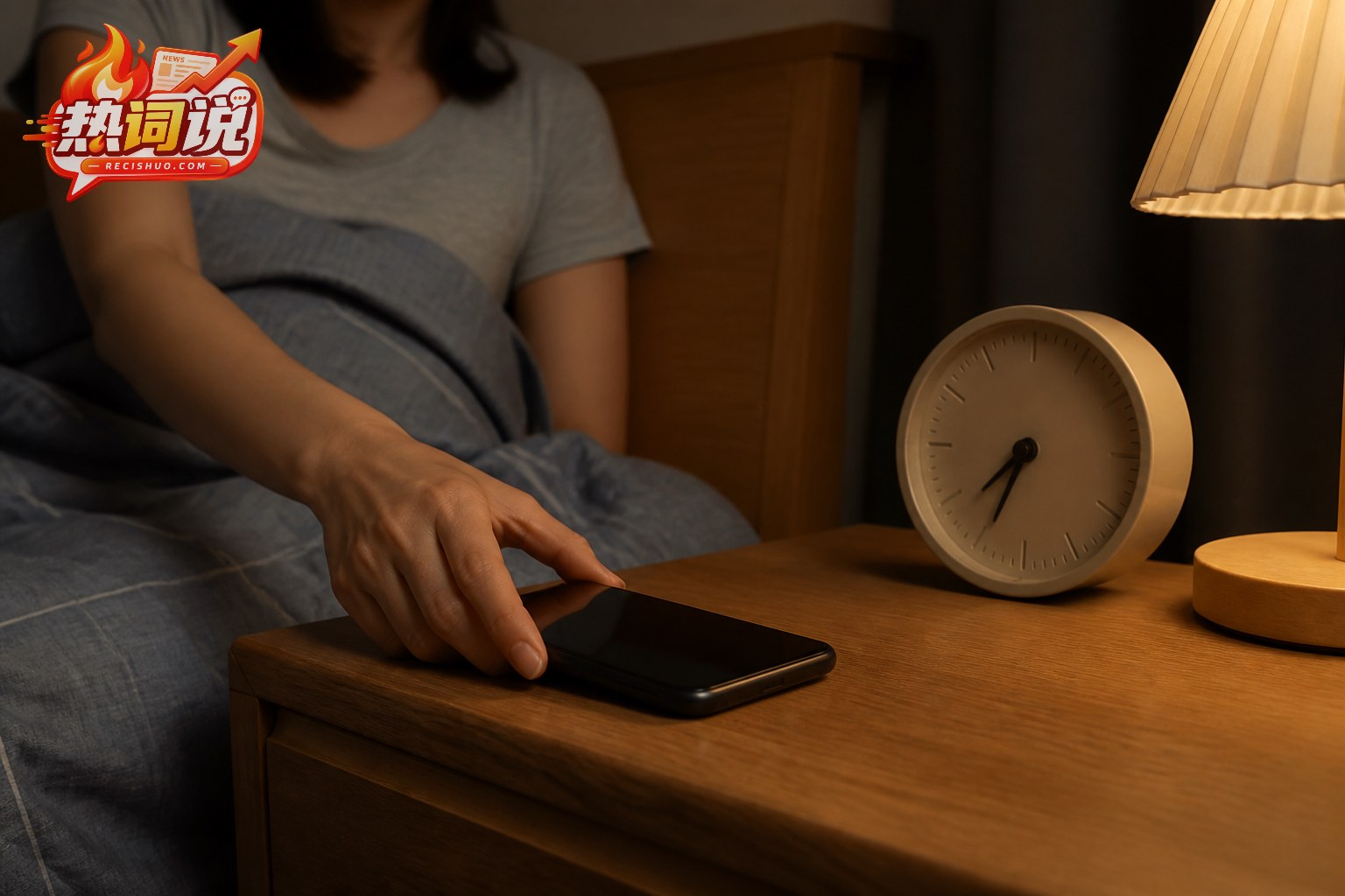 夜晚卧室中,一名成年人将手机扣放在床头柜上并准备按时休息